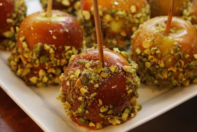 Among the passed desserts were mini caramel apples dusted with crushed pistachios.