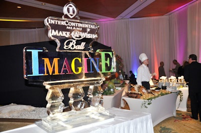 For the cocktail reception, the hotel set up food stations and an ice sculpture with the ball's logo and theme on the hotel's mezzanine.