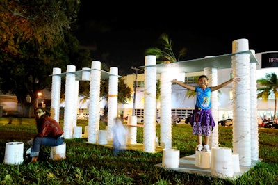 The 'Night Shift ' exhibit in Collins Park consisted of oversize sculptures, like this one made from stacked paint buckets.