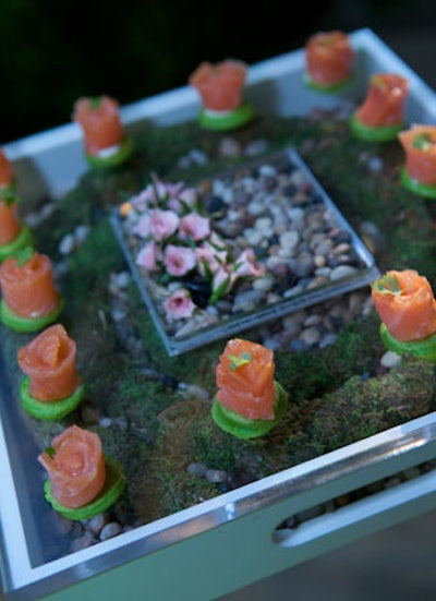 Caterer Olivier Cheng's menu of passed hors d 'oeuvres included pea blinis topped with citrus-cured salmon.