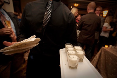 All food served was organic or sustainable, such as these passed oyster hors d 'oeuvres.