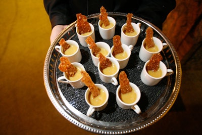 Food for Thought's passed hors d 'oeuvres included spiced roasted chestnut soup with cinnamon tuile.