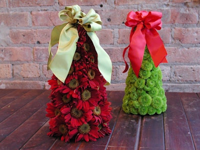 Botanicals ' 10-inch holiday trees incorporate fresh-cut chrysanthemums and contrasting satin bows.