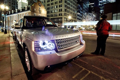 Event sponsor Land Rover parked a row of cars in front of the hotel.