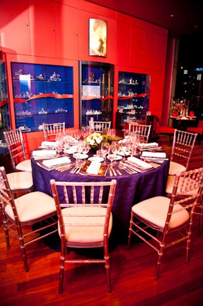 Blue linens, reminiscent of Swarovski's signature blue boxes, topped tables surrounded by Chiavari chairs at the jewelry boutique on Bloor.