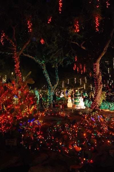 The large botanical cactus garden and pathways at Ethel M's Chocolate Factory in Henderson are illuminated at night with 500,000 holiday lights.