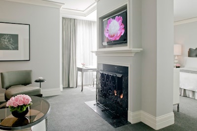 Rooms are decorated in a champagne or platinum color scheme; fireplaces lend a homey vibe.