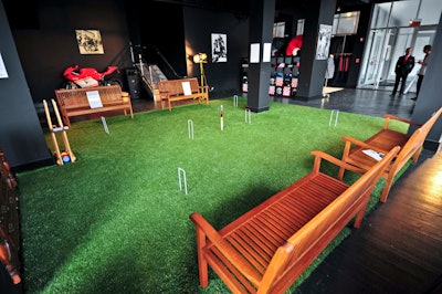 The bilevel Duncan Quinn temporary shop has an indoor croquet course on its main floor. The designer created a line of graphic tees for the shop's three-week stay in Miami.