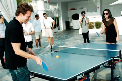 Interview staged a Ping-Pong tournament at the magazine's Art Basel headquarters at the Mondrian South Beach on Wednesday afternoon. DJ Leigh Lezark of the DJ trio the Misshapes–who hit the turntables for part of the afternoon—took part in the table tennis with Interview editor at large Christopher Bollen.