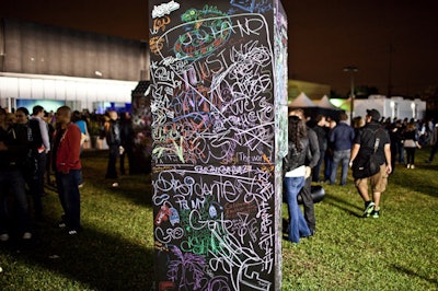 Party guests used Cray-Pas oil pastels to draw on the solar-powered video units that made up Converse's 'This Is Not a Gallery' exhibition in Awarehouse's garden.