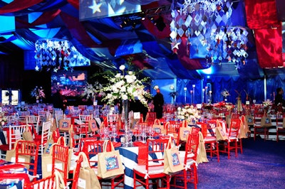 The Events Company used red, white, and blue linens, draping, and rentals to decorate the dinner tent.