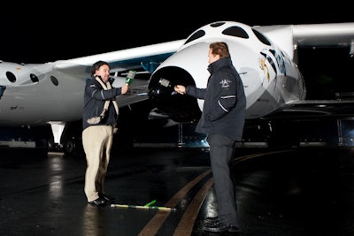 Governors Bill Richardson and Arnold Schwarzenegger christened the ship the VSS Enterprise, smashing bottles of champagne on its nose.