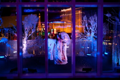 A costumed snow geisha on the ballroom balcony added drama at the Mandarin Oriental opening.