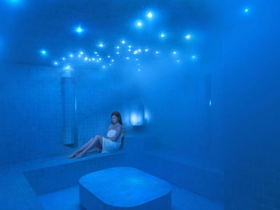 The steam room blends heat and water in a crystal-lit space.