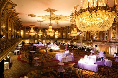 The cocktail reception took place in the hotel's grand ballroom, where Kehoe decorated highboy tables with BBJ's lavender linens.