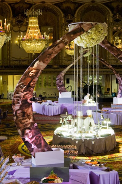 Kehoe constructed 16-foot arches printed with photos of the hospital's patients. Held by strands of crystals, candle holders dangled from the tops of the arches.