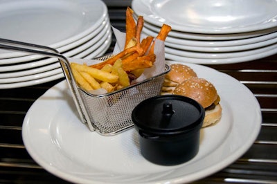The dinner offered separate entrees for children and adults; kids got mini burgers, baked beans, and baskets of fries.