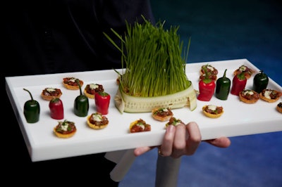 Another passed appetizer included tuna tartare with wasabi aioli, accented by wheat grass and pepper garnishes.