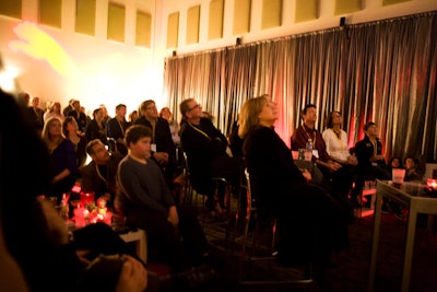 Some of the action from the main stage was simulcast in the upstairs Puma lounge, which the Boston-based PBD Events produced. The space was filled with silver drapes, red lighting, and a gobo of the brand's iconic panther.