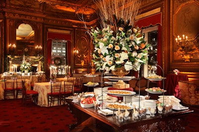 The in-house catering team at the Metropolitan Club filled buffet tables with English dishes such as roast beef, Yorkshire pudding, and trifle.