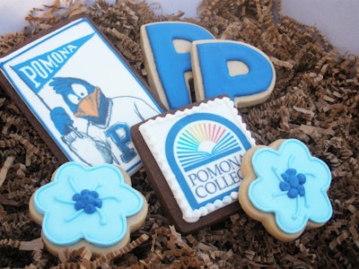 Cookies from Sabrina's Sweetery thanked Pomona College alumni for their support; the treats showcased the college logo, mascot, and colors.