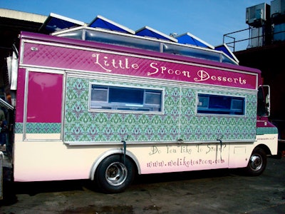 Little Spoon dessert truck offerings include chocolate-dipped red velvet cupcakes, meringue cookie sandwiches, mini key lime pies, pumpkin brittle, and retro sodas.