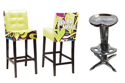 Tag You're It custom bar stool, $225, and the Chrome saddle, $70, available in the U.S. and Canada from Fresh Wata