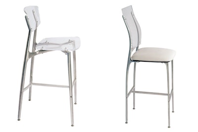 Recurve acrylic bar stool, $48, and the Alta bar stool, $34, available on the West Coast from Girari Sustainable Event Furniture