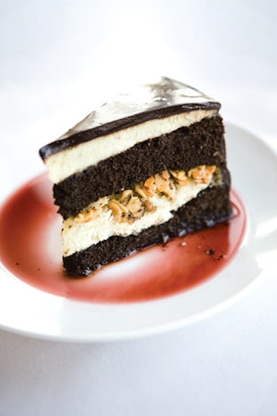 Layer Cake: Dark chocolate cake filled with Blue Castello cream and peppered almond crunch with Belgian chocolate glaze and port wine syrup from L.A. Spice in Los Angeles
