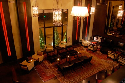 The interior lounge has 17-foot ceilings and earth-toned furniture.