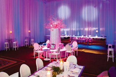 Held in September, Canada's Walk of Fame inductee ball, designed by Kyriacou & Associates, had ripple-effect lighting, blue linens, and clear furniture.