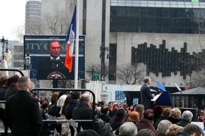 Officially sworn in a day earlier, Mayor Bloomberg spoke at the inauguration, along with Public Advocate Bill de Blasio and City Comptroller John Liu.