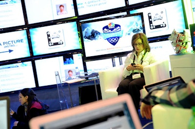 Broadcasts from NBC Universal's booth included a Today segment and live shots for CNBC, MSNBC, and NBC stations. Project leaders included vice president of news specials and digital media Mark Lukasiewicz, senior vice president of network advertising and promotion Bill Hartnett, and executive vice president of strategic partnership Jay Linden. Jack Morton built it.