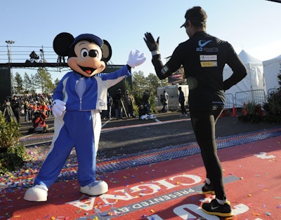 Mickey Mouse greeted runners as they crossed the finish line on Sunday.