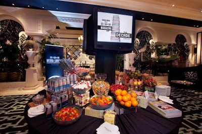 Energy-boosting food and drink items like Red Bull, fruit, and candy were on offer at Wired's media lounge.