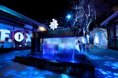 Fox's logo rendered in plexiglass decorated a fountain at the entrance.