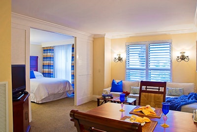 Like the rest of the hotel, the redesigned rooms feature a tropical palette of blues, yellows, and greens.