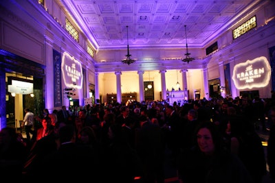 Platinum Events lit the aquarium's rotunda with an oceanic hue and oversize gobos.