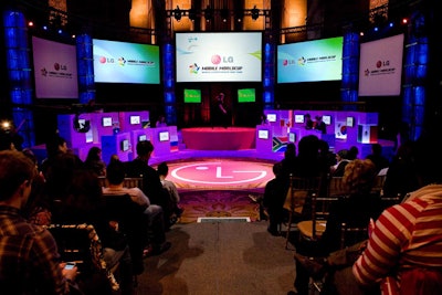 Modeled after the sets of television game shows, the staging for the event also incorporated LG Electronics' logo and signature red.