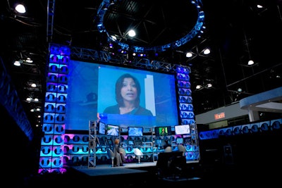 Barkley Kalpak Associates built a futuristic command center to showcase new technologies at the World Congress on Intelligent Transportation Systems in November 2008. BKA lit the display with equipment from PRG, includingoverhead lights, stacked HD projectors, and LED and moving light fixtures programmed in time with video segments playing on the central screen.