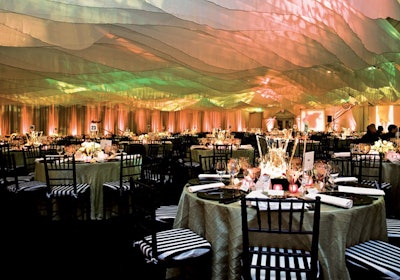 For the February 2009 gala celebrating the reopening of Lincoln Center's Alice Tully Hall, Bentley Meeker Lighting and Staging worked with 360 Design Events Ltd. to create a glowing atmosphere with undulating panels of fabric overhead lit in soft, skin-flattering shades of violet, pink, and green.