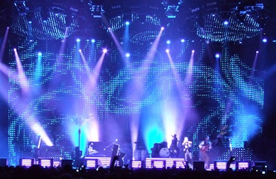 For the Killers' 2009 Day & Age world tour, Christie Lites worked with lighting designer Steven Douglas and Westbury National Show Systems to create a 91-foot-wide LED video curtain backdrop.