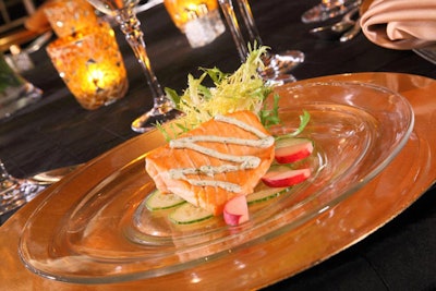In addition to the pre-set smoked salmon course, Occasions served a main course of merlot beef tenderloin with corn soufflé timbale, haricots verts, and roasted beets, with a triple chocolate terrine for dessert.