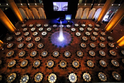 Round tables surrounded the central fountain in the National Building Museum's Great Hall.