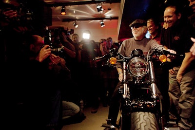Just after 10 p.m., the Harley-Davidson crew—led by senior vice president and chief styling officer Willie G. Davidson (pictured on the bike)—unveiled the new Forty-Eight motorcycle.