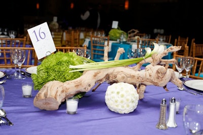 The centerpieces consisted of a white or lime green chrysanthemum on a twisted grape vine branch accented by white calla lilies.