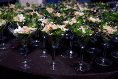 At the Smart-tini station, martini glasses were filled with baby-spinach salads topped with apples, toasted almonds, and goat cheese.