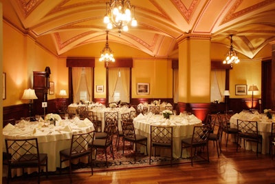 Also on the seventh floor, the lounge features vaulted ceilings and wood paneling.