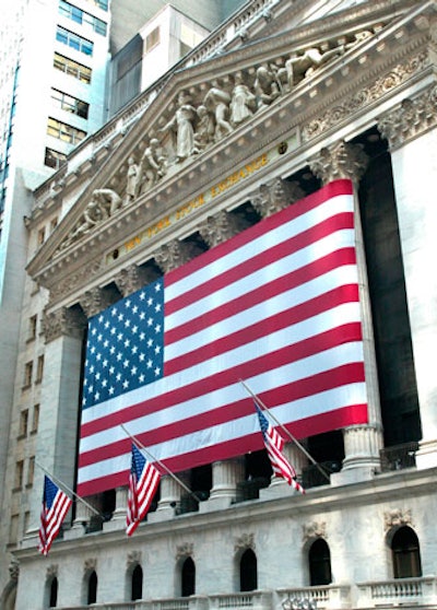 Events that use the New York Stock Exchange may also advertise on the building's facade—marked by six Corinthian columns and a sculptural pediment—by draping a large banner across the front or hoisting a branded flag on one of the exterior flagpoles.