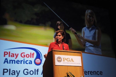 Golf Channel anchor Jennifer Mills hosted the Play Golf America Conference, an initiative by the P.G.A. of America to increase the sport's presence and popularity, Friday on the main stage of the exhibit floor.